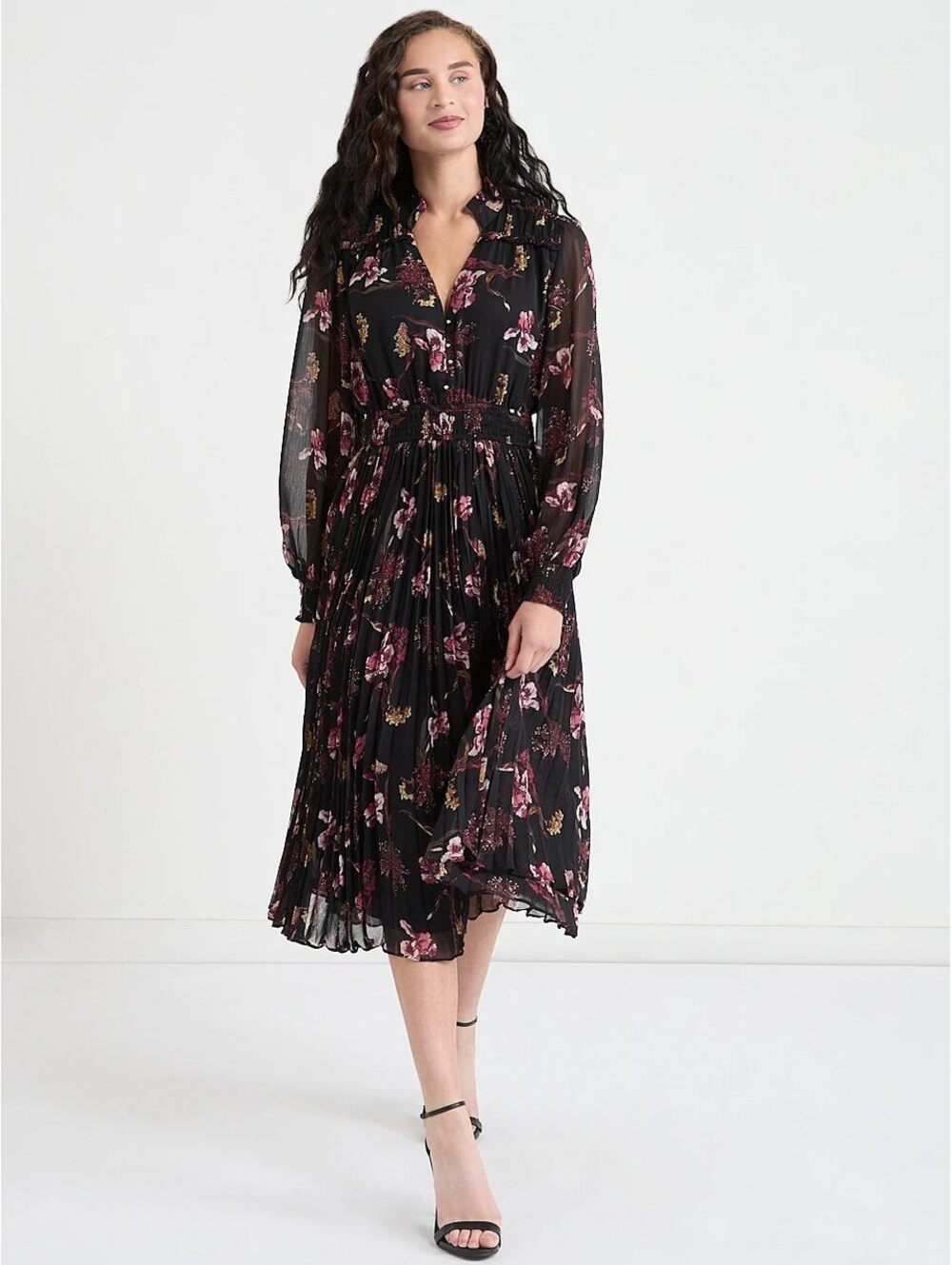 Ricki's Black Floral Midi Dress with Pink & Gold Blooms